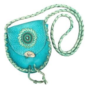 VTG Handmade Leather Crossbody Purse Teal Beaded Floral Shell Button Boho